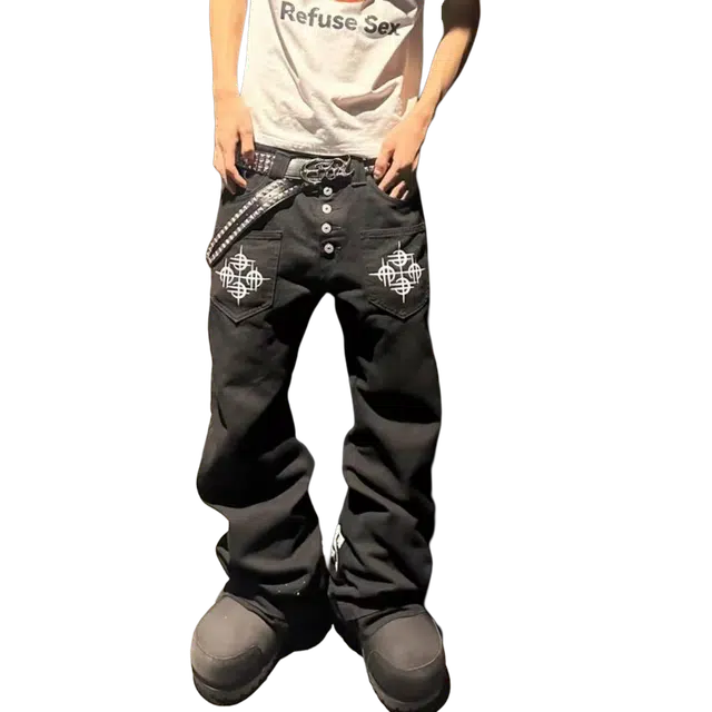 笔杏 美式高街口袋十字设计图案高级氛围感纯色宽松直筒潮流小众嘻哈街头痞帅学院时尚休闲百搭简约韩系松弛牛仔裤 男女同款