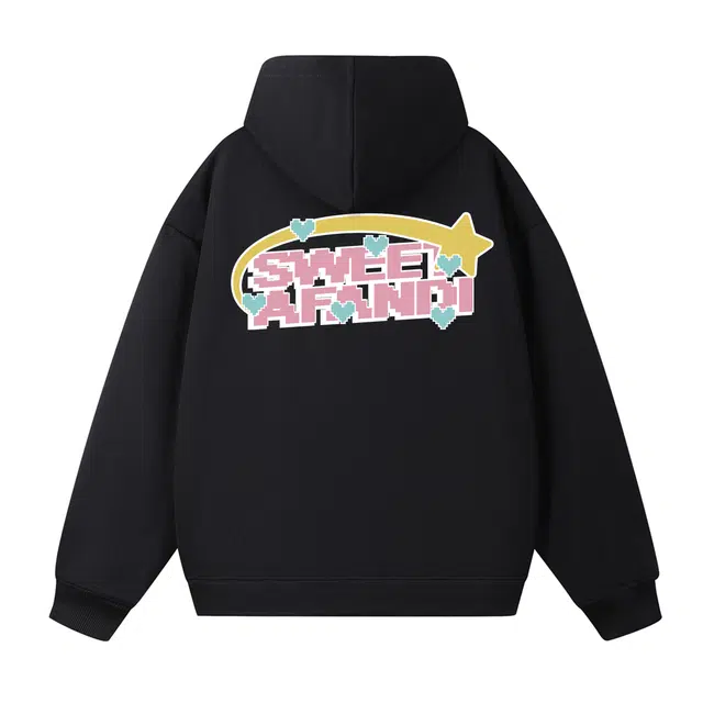 阿凡迪 美式高街复古百搭创意像素风格字母流星弧线爱心品牌印花基础款无性别主义通勤宽松休闲落肩潮流甜酷风连帽套头卫衣 男女同款