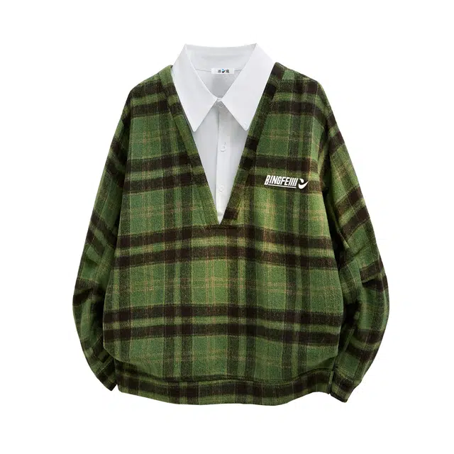 冰飞 美式复古潮牌字母假两件格子通勤学院风衬衫领日常宽松外套户外运动百搭长袖卫衣 男女同款