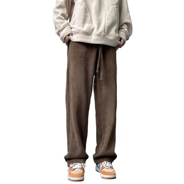 大格子与黑猫 灯芯绒裤子男秋冬男士宽松加绒运动垂感卫裤冬季直筒阔腿裤休闲裤 男款