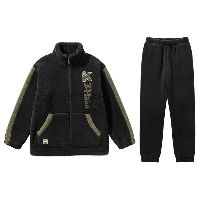 俏霓桐 拉链时尚运动风青少年立领学生居家可外穿加厚加绒珊瑚绒保暖家居服睡衣套装 男款