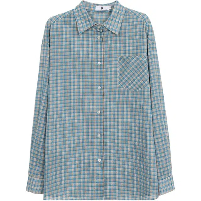 小卷要加油 蓝色女格子外套法式上衣气质独特漂亮衬衣 衬衫 女款