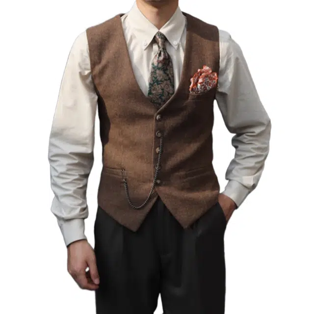 大格子与黑猫 复古英伦雅痞棕色阿美咔叽羊毛粗花呢人字纹休闲修身结婚西装马甲 男款