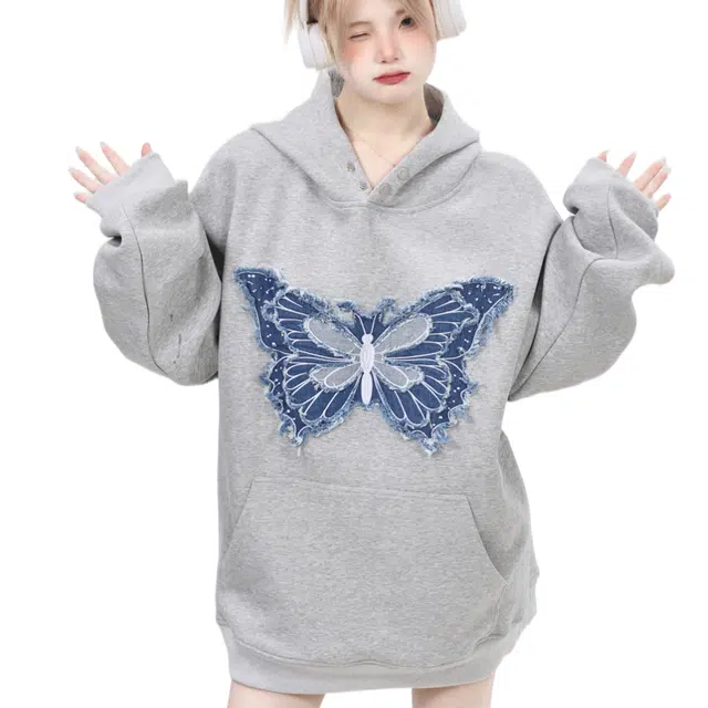 小卷要加油 美式小众设计感刺绣蝴蝶连帽女宽松上衣卫衣 女款