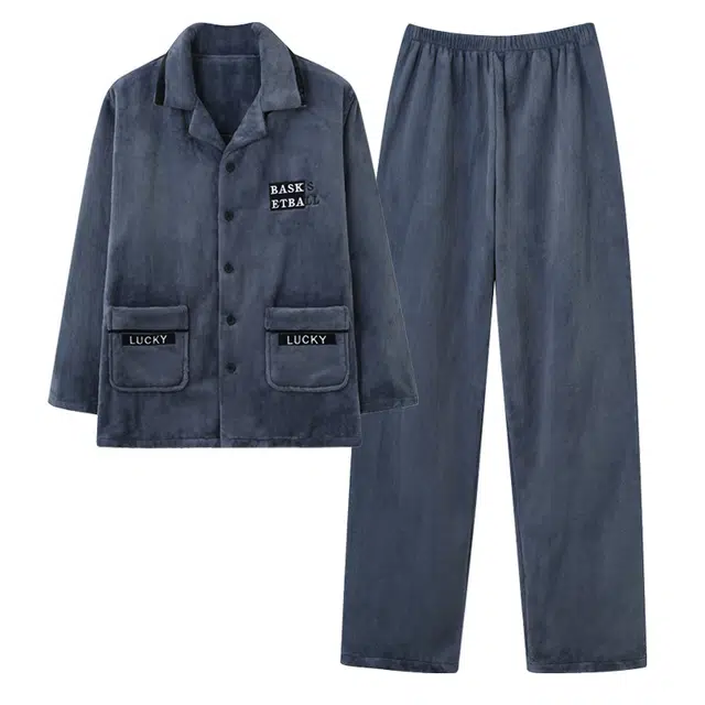 俏霓桐 时尚休闲风加绒柔软法兰绒双口袋保暖蓄温长袖长裤家居服可外穿睡衣套装 男款