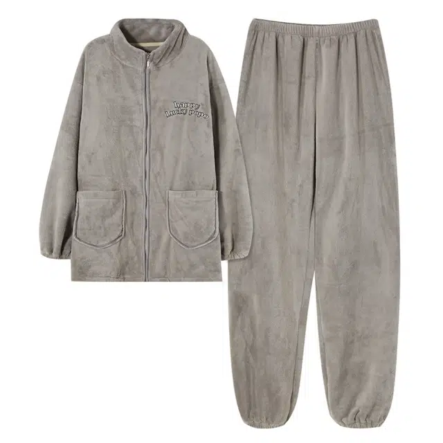 俏霓桐 简约时尚运动休闲柔软法兰绒保暖加绒长袖长裤家居服可外穿睡衣套装 男款