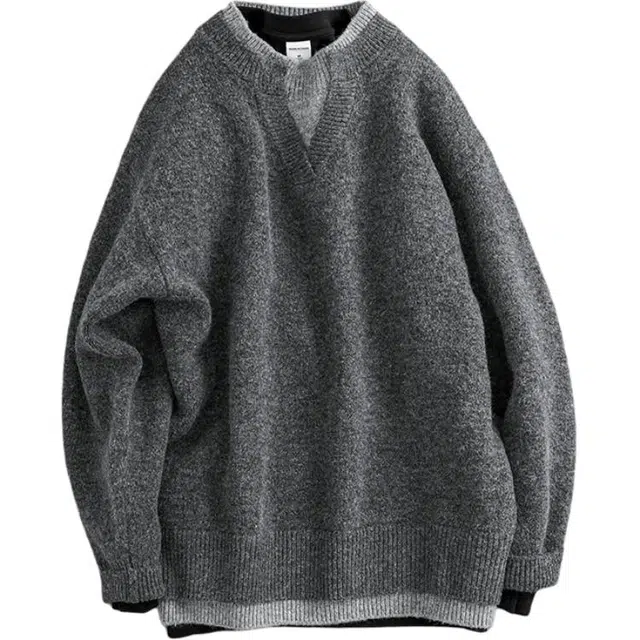 宫奴 日系休闲潮牌复古简约假两件百搭宽松套头针织衫 男女同款