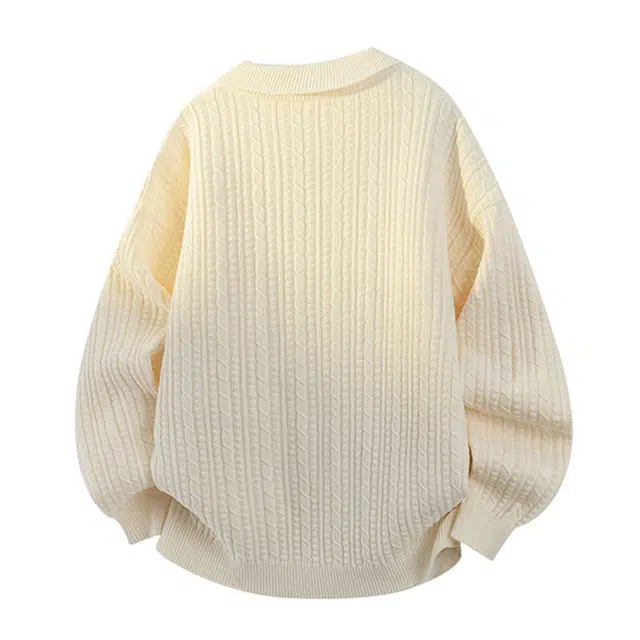 棉基因 美式韩系复古文艺慵懒风纯色麻花翻领假两件时尚宽松百搭舒适可内搭外穿适合通勤休闲等多种场景针织毛衣 男女同款