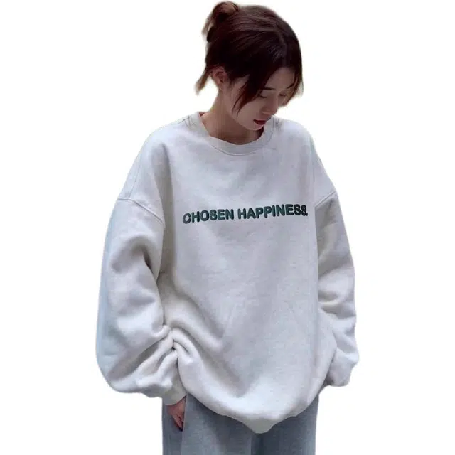 丝絮丝绸 美式宽松复古时尚潮流简约百搭慵懒风上衣卫衣 女款