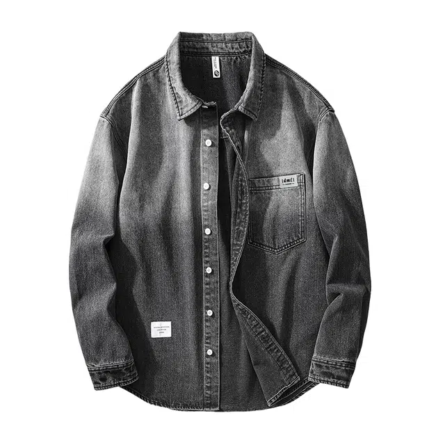【dme】 时尚潮牌宽松小众设计感衬衣外套舒适百搭重工艺水洗渐变牛仔衬衫 男女同款 黑色
