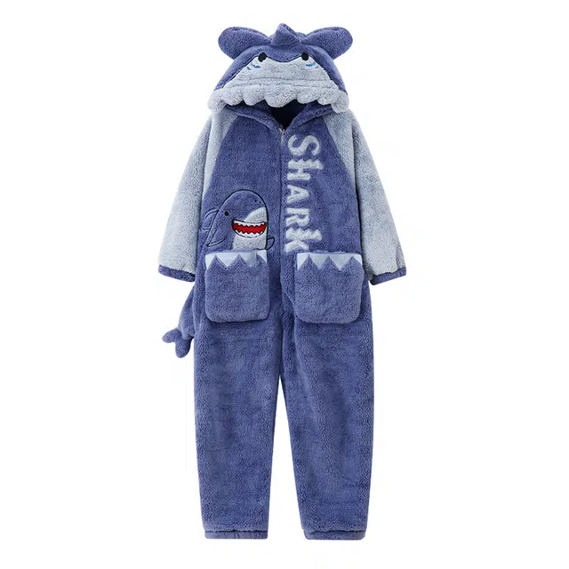 俏霓桐 卡通鲨鱼加厚加绒珊瑚绒保暖青少年学生家居服睡衣连体衣 男款