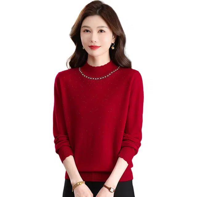 袋鼠 高领绣花精致简约宽松百搭显瘦纯色羊毛打底针织衫 女款