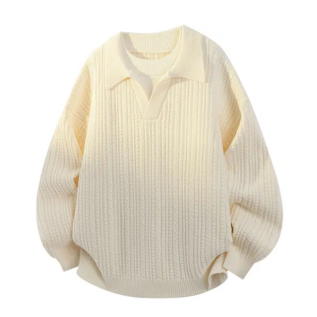 棉基因 美式韩系复古文艺慵懒风纯色麻花翻领假两件时尚宽松百搭舒适可内搭外穿适合通勤休闲等多种场景针织毛衣 男女同款