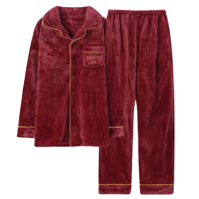 俏霓桐 轻奢时尚高级感柔软翻领加绒法兰绒保暖蓄温长袖长裤家居服可外穿睡衣套装 男款