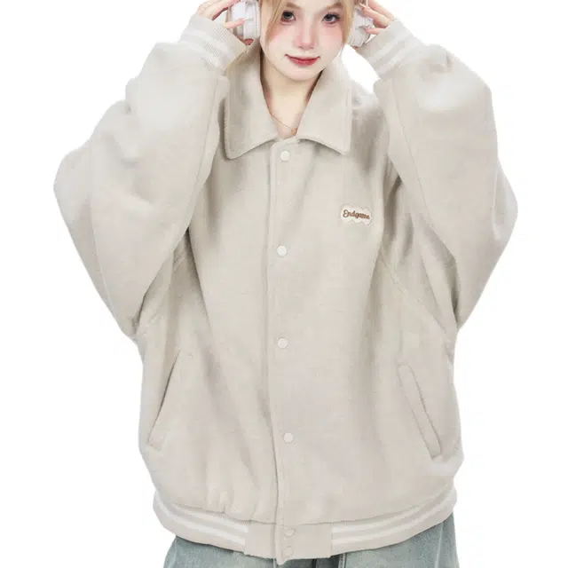 小卷要加油 高级感韩系穿搭宽松棒球服女春秋飞行服翻领夹克 绒感外套 女款