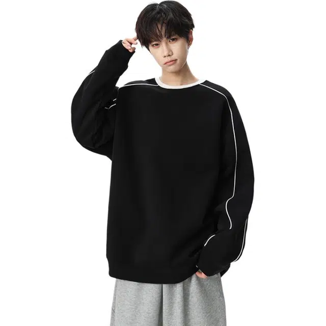 洋气先生 洋气美式复古高街风纯色侧边撞色条纹简约时尚高颜值休闲宽松日常户外出行无性别主主义通勤百搭落肩长袖套头上衣卫衣 男女同款