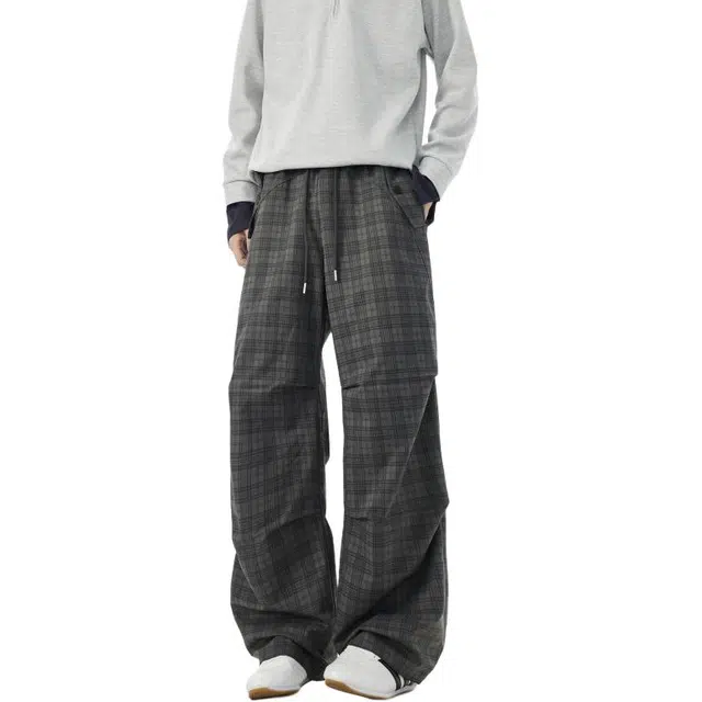 佐菲利 美式格纹褶皱潮牌慵懒风阔腿长裤复古百搭直筒裤子休闲裤 男女同款