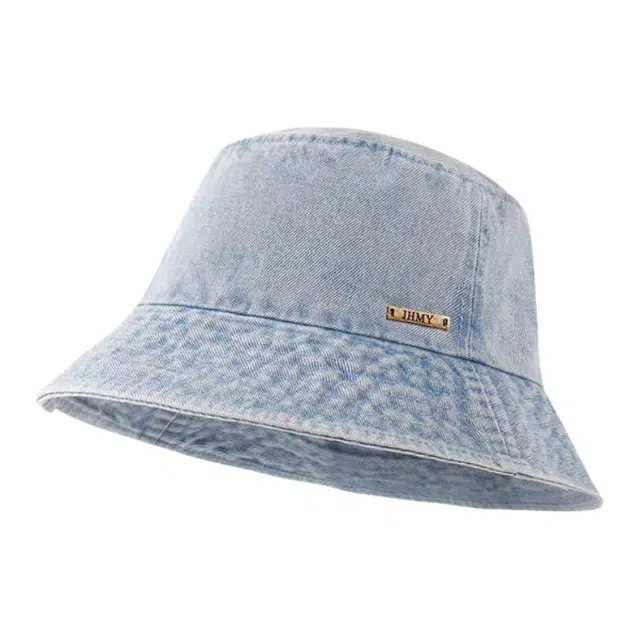 杨同学 复古做旧牛仔蓝色金属标大檐遮阳防晒 涤纶 渔夫帽 女款
