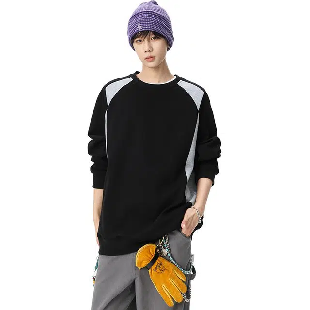 洋气先生 洋气潮牌美式基础款拼接撞色条纹圆领套头打底衫上衣无性别主义学院风潮流宽松保暖日常通勤户外运动舒适百搭长袖卫衣 男女同款