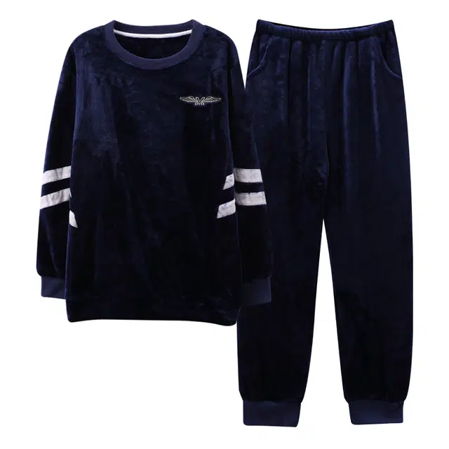 俏霓桐 时尚撞色休闲加绒柔软法兰绒保暖蓄温长袖长裤家居服可外穿睡衣套装 男款