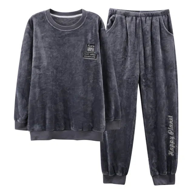 俏霓桐 时尚高级感休闲加绒柔软法兰绒保暖蓄温长袖长裤家居服可外穿睡衣套装 男款