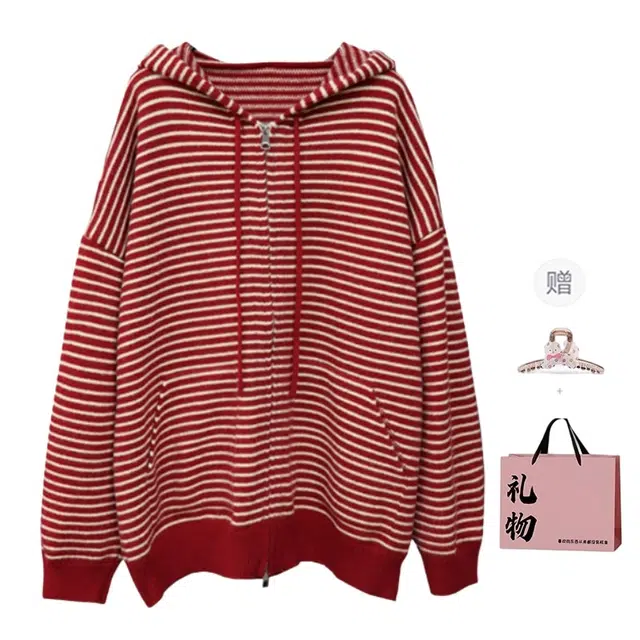 柏黛妃 美式复古撞色设计舒适亲肤落肩款式慵懒风百搭休闲洋气潮流高级学院风条纹外套宽松拉链连帽通勤针织衫 女款