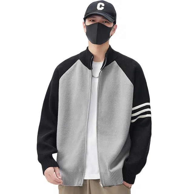 虫小绿 美式高街国潮牌开衫毛衣春秋季立领撞色三杠外套百搭休闲毛线衣服双拉链针织衫 男女同款