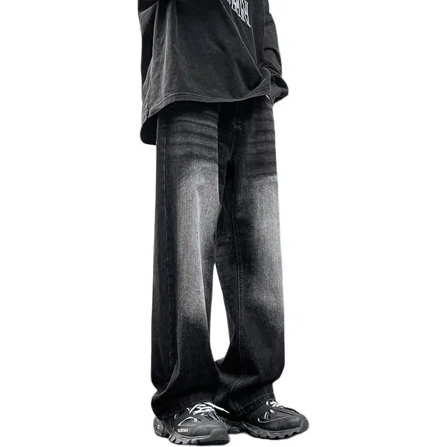 宝米卡 美式复古阔腿秋季潮牌高街水洗做旧宽松直筒裤子牛仔裤 男女同款