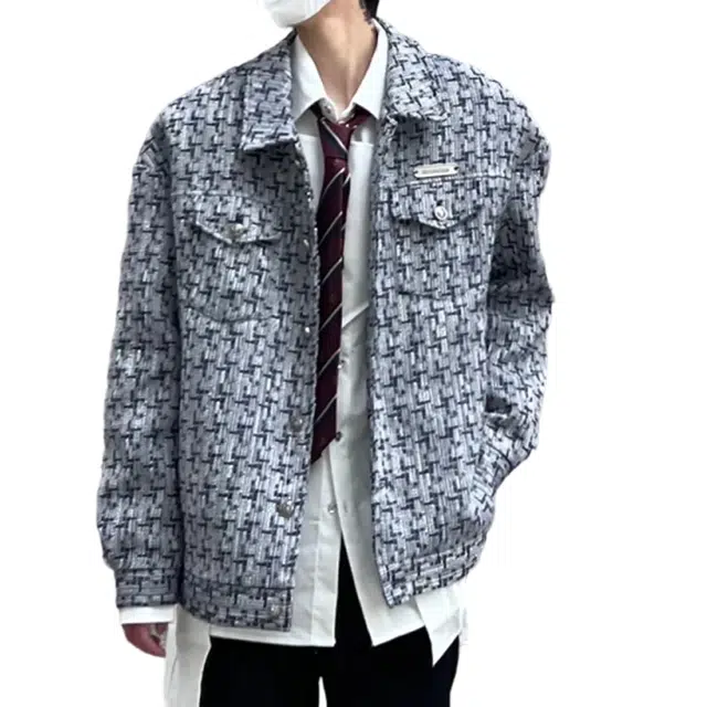 冈哉 小香风千鸟格纹编织翻领设计美式复古高街街头宽松休闲潮牌痞帅长袖夹克外套 男女同款