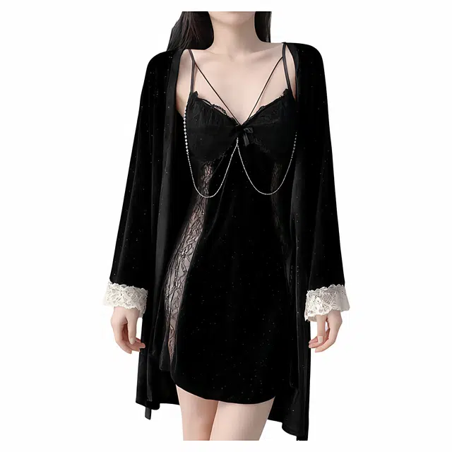 潞优野 轻奢高端品质性感女纯欲风金丝绒秋冬款蕾丝带胸垫吊带睡裙睡袍高级感睡衣套装 女款