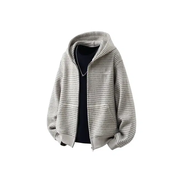 虫小绿 美式条纹连帽开衫夹克春秋季潮流时尚慵懒复古宽松百搭情侣帽衫外套松弛感休闲穿搭卫衣 男女同款