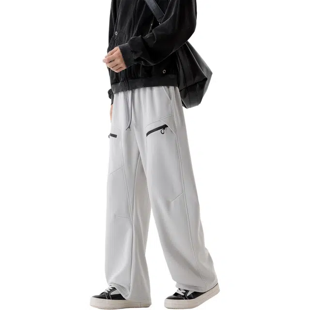 瑞梵帝斯 秋冬美式经典高街百搭通勤纯色褶皱拼接抽绳系带品牌印花拖地垂感长裤山系户外登山高级感柔软舒适阔腿休闲裤 男款