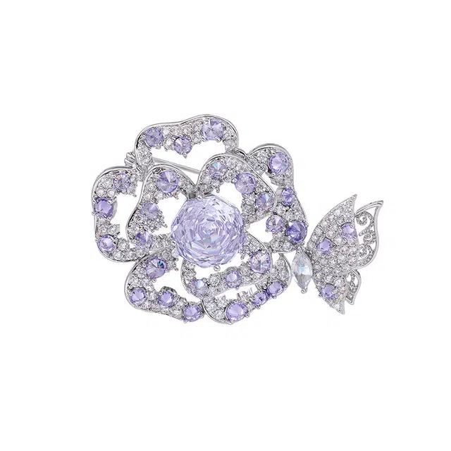 聆听花开 韩系高级感重工轻奢紫色微镶锆石气质优雅个性浪漫立体精致日常百搭西装大衣配饰晚宴胸花 合金 胸针 女款