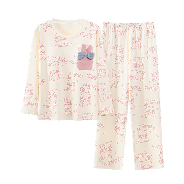 橡柠派 可爱简约舒适套头设计感小清新长袖长裤亲肤甜美两件套家居服卡通带胸垫 睡衣套装 女款