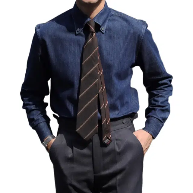 大格子与黑猫 英伦复古尖领修身文艺雅痞绅士洗水棉美式日常百搭长袖牛仔衬衫 男款