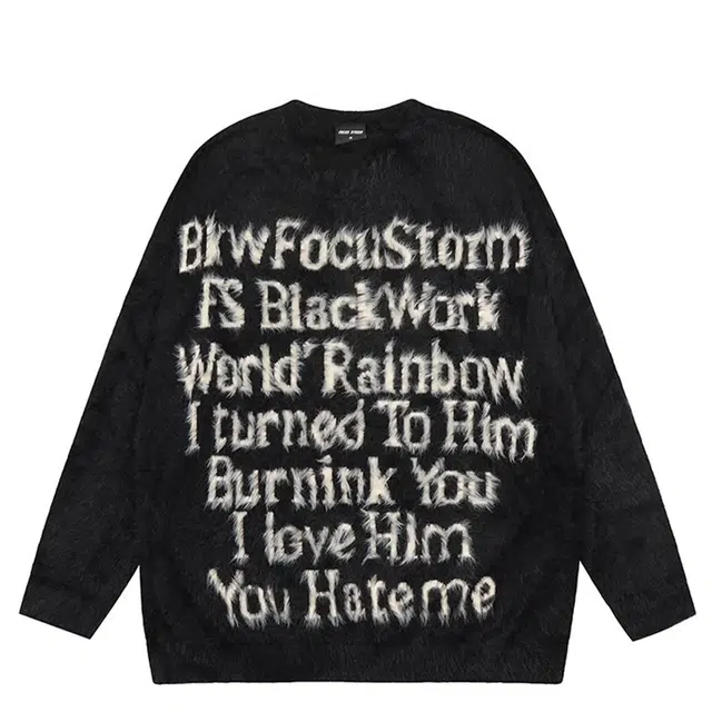 虫小绿 美式高街复古字母仿貂毛绒套头毛衣外套痞帅嘻哈百搭舒适设计感户外防风防寒休闲宽松慵懒风直筒圆领针织衫 男女同款