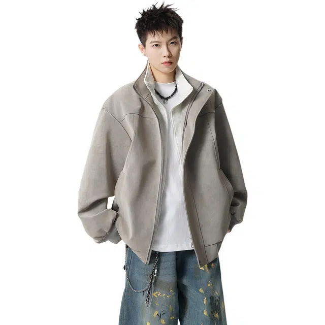 洋气先生 美式复古简约纯色时尚百搭小众高级感潮流帅气日常通勤运动休闲基础款宽松防风防水保暖耐磨无性别主义假两件外套皮夹克 男女同款