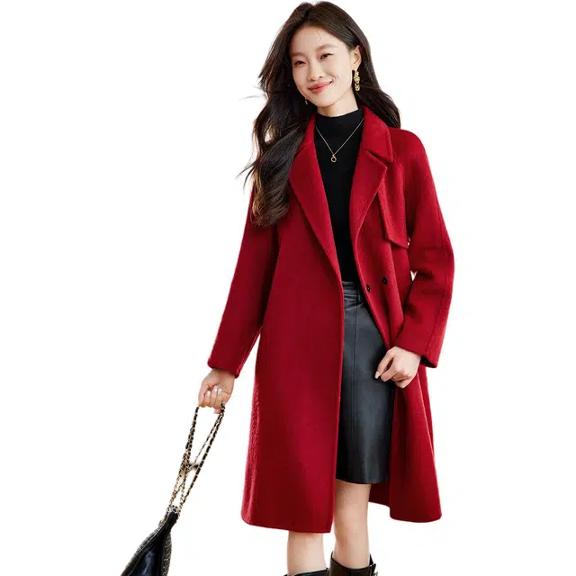 袋鼠 双面呢外套优雅法式经典高级宽松系腰带长款羊毛大衣 女款