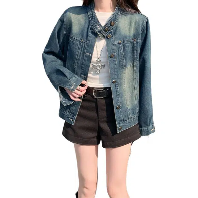 思蓓儿 复古宽松女设计感立领短款夹克上衣潮牛仔外套 女款