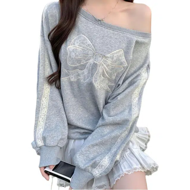 么宁 露肩蝴蝶结设计感蕾丝花边韩系上衣女长袖宽松卫衣 女款