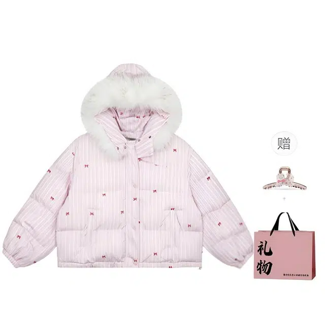 柏黛妃 设计感条纹蝴蝶结毛领连帽休闲面包服奶芙芙加厚保暖棉服 女款