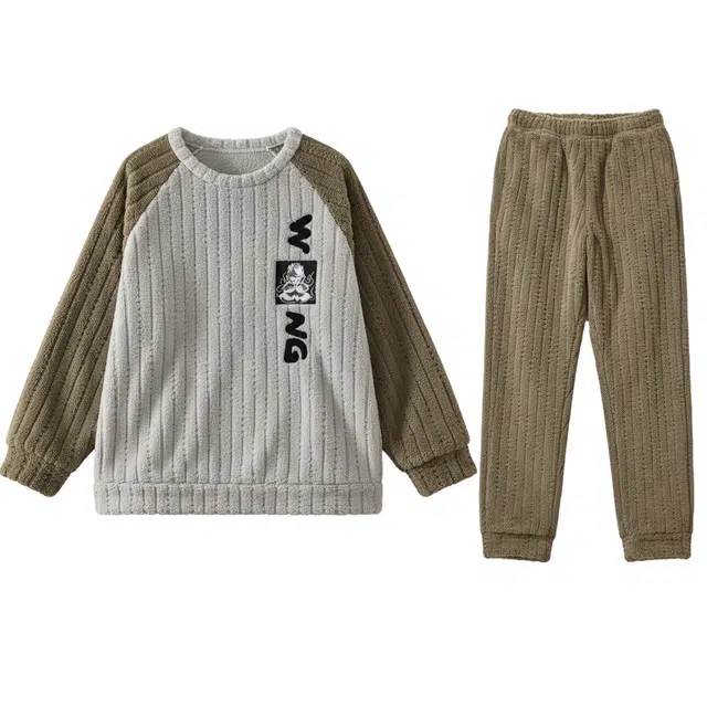 俏霓桐 卡通青少年学生圆领加绒加厚珊瑚绒保暖可外穿家居服睡衣套装 男款