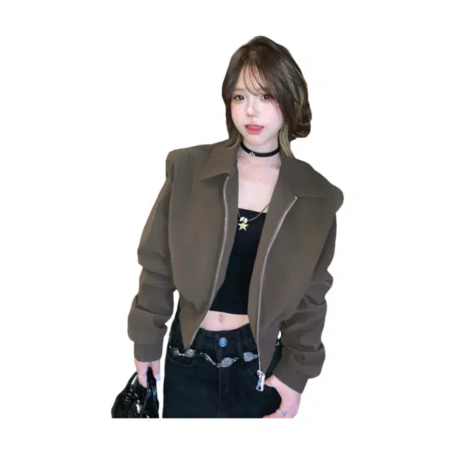 荟萃阁 美拉德棕色短款外套女翻领独特超好看又酷又飒的小个子上衣夹克 女款