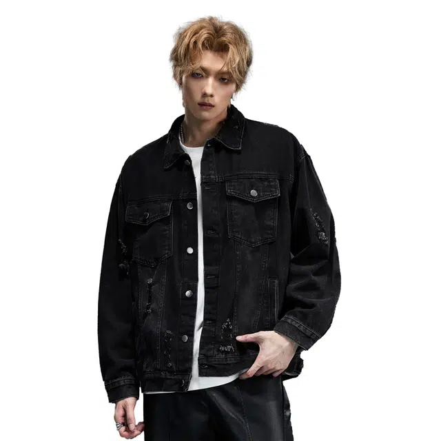 隐狼世家 破洞水洗牛仔外套男生秋季美式复古衣情侣潮牌夹克 男款