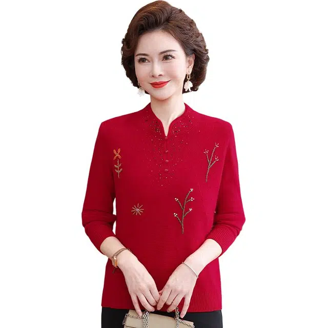 袋鼠 妈妈装全毛软糯高端品质简约风格绣花立领羊毛打底针织衫 女款