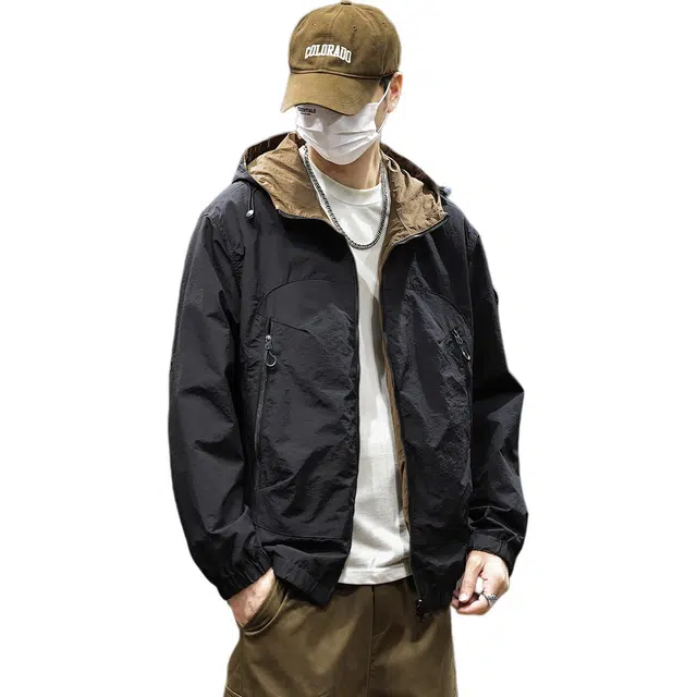 协协乐 山系户外三防面料工装连帽立领拉链开衫外套美式潮牌拼接设计氛围感青少年痞帅小众款夹克 男款