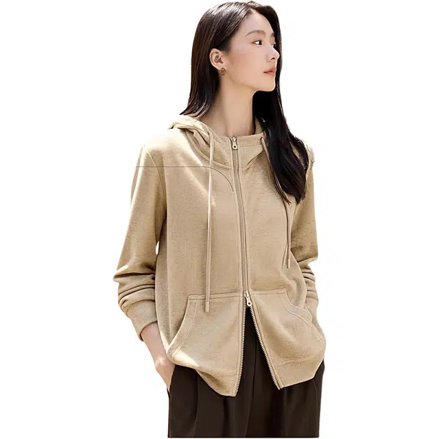 佐塞斯 高端品质轻奢绵羊毛桑蚕丝绒感外套秋冬软糯加厚休闲运动开衫卫衣 女款