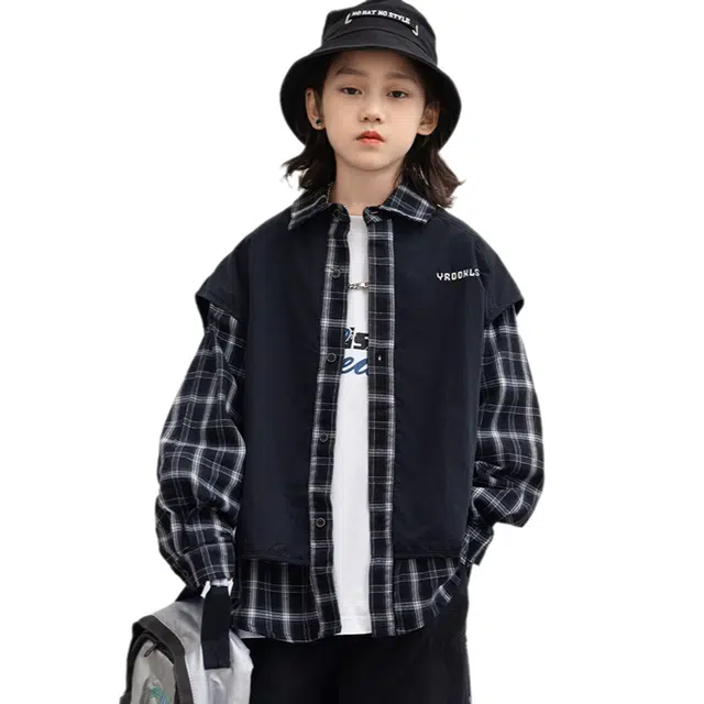 俞兆林休闲衬衫 韩式嘻哈潮童青少年英伦格子假两件拼色背心高街潮流时尚百搭外套夹克