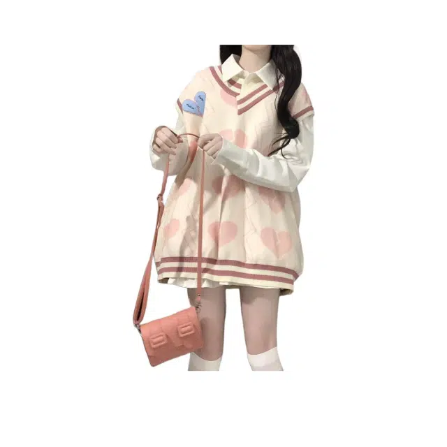 邦固依品 三件奶甜可爱少女爱心撞色针织毛衣马甲背心女+白衬衫百褶裙裙装套装 女款