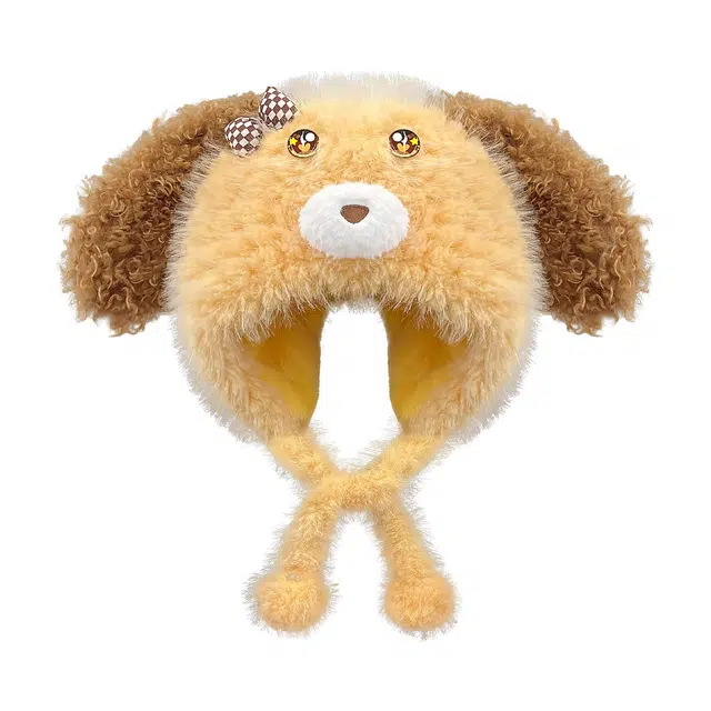 钓鱼熊 大头围可爱卡通耳朵小狗护耳帽子加厚套头 毛绒 绒线帽 男女同款情侣款